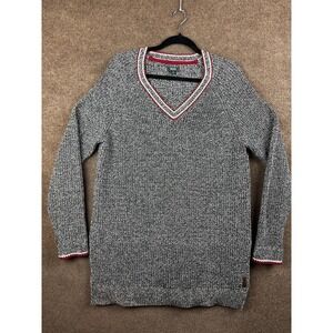 Roots Canada Sweater Mens XL Gray V-Neck Pullover Chunky-Knit Logo Casual